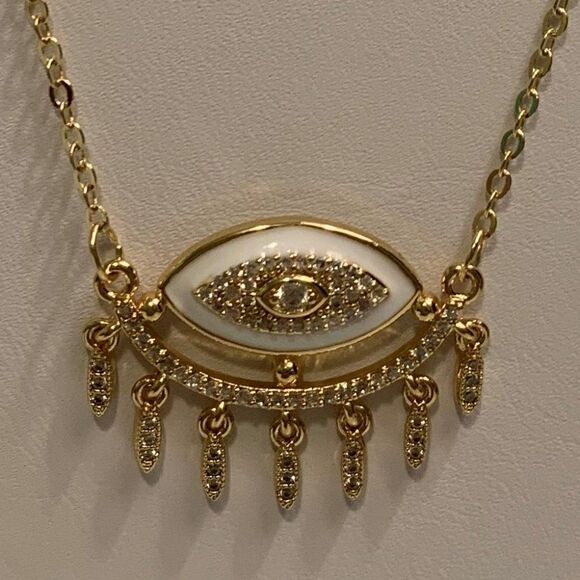 New, no tags, evil eye charm and chain, clear stones and white enamel accents - Picture 1 of 16